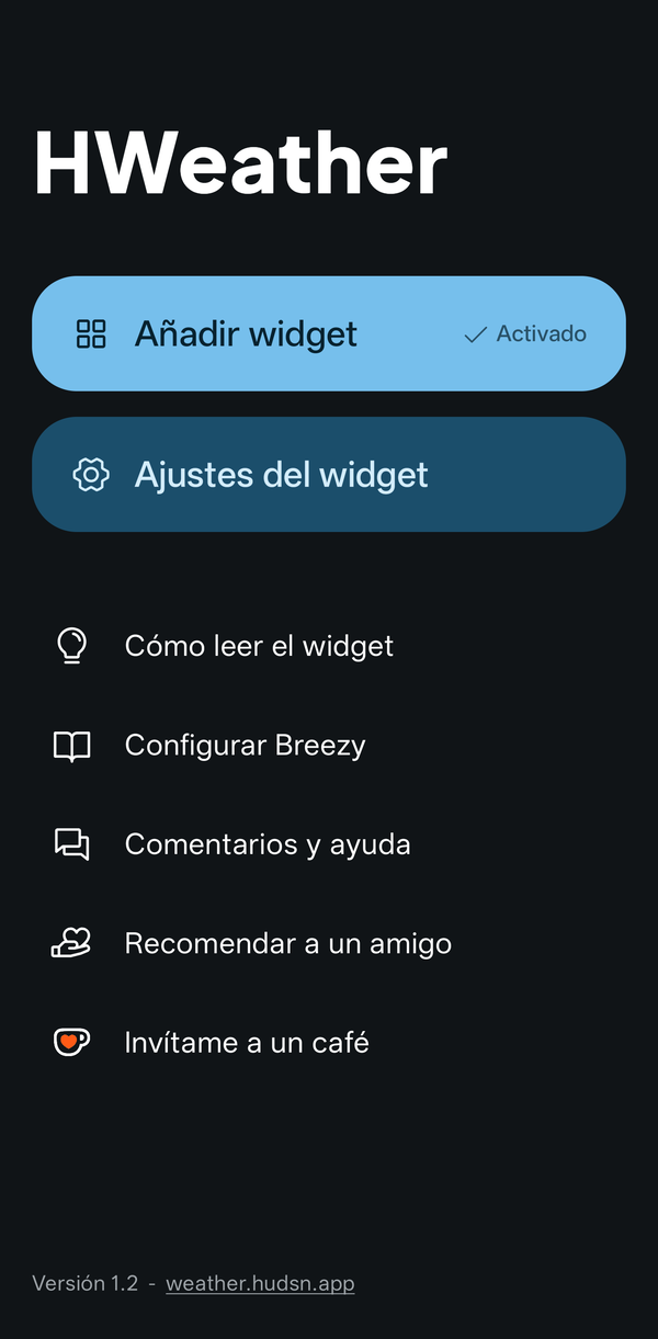 Pantalla de inicio de HWeather: «Añadir widget» con «Activado», «Ajustes del widget» y la lista de enlaces