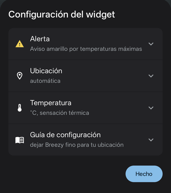 Panel de ajustes con las tarjetas plegadas