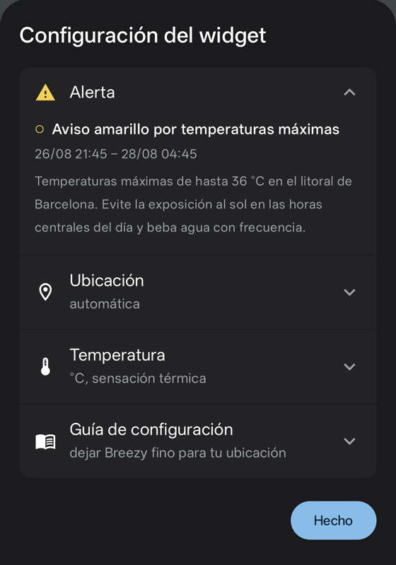 Tarjeta Alerta del panel de ajustes, desplegada