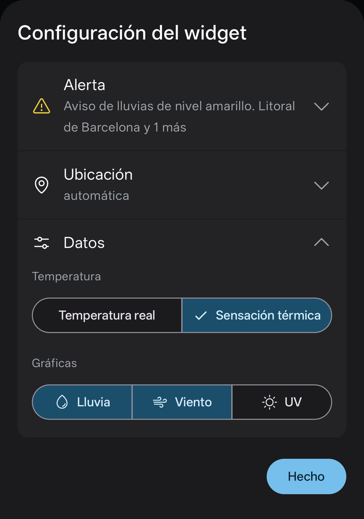Panel de ajustes con la tarjeta Datos abierta, con la temperatura y el selector de gráficas, y las tarjetas Alerta y Ubicación plegadas