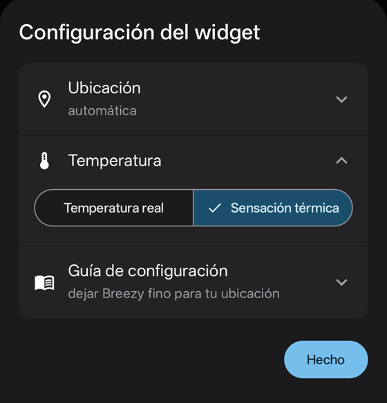 Panel de ajustes con la tarjeta Temperatura abierta